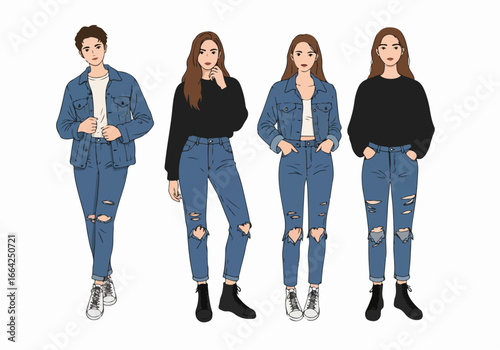 Four young adults in casual denim outfits