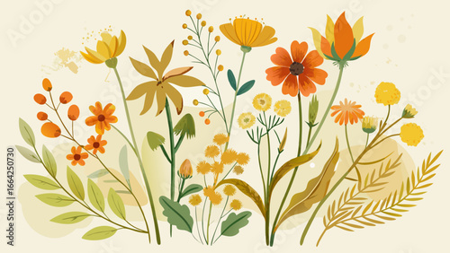 Vector art of a beautiful watercolor floral arrangement featuring a variety of flowers and foliage in warm yellow and orange tones, perfect for adding a touch of nature