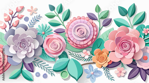 Vector art of a delicate paper flower arrangement in pastel pinks, purples, and greens, showcasing intricate paper cutting and folding techniques