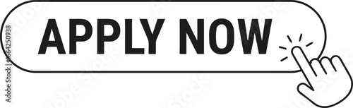 Hand cursor clicking on a rounded rectangle button with the text apply now
