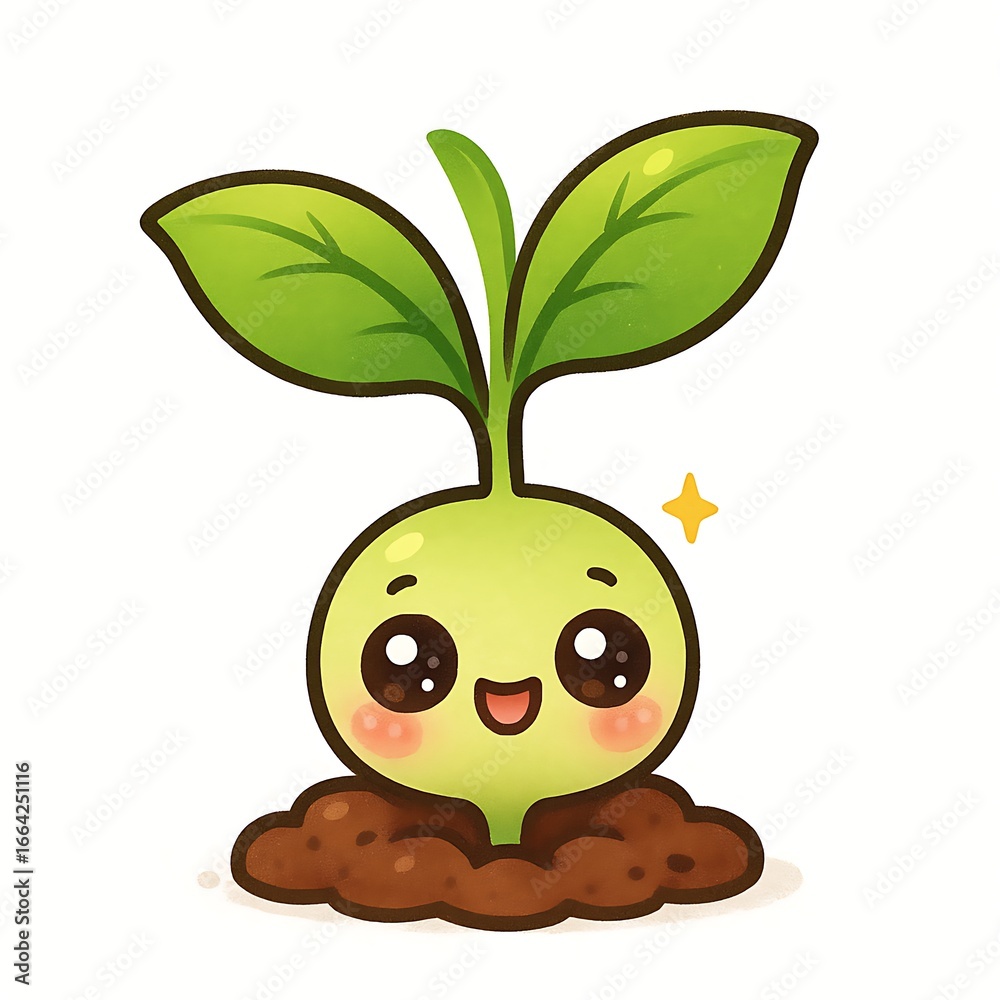 Obraz premium Adorable cartoon seedling with big eyes and green leaves emerging from soil