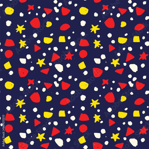 Seamless Pattern, Playful shapes scatter across a deep blue background creating a vibrant pattern design Stock royalty free.