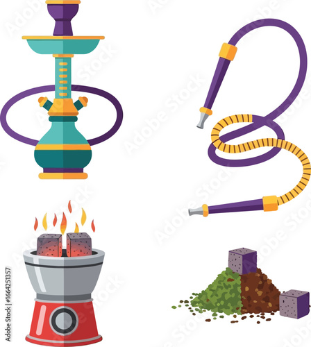 Vector illustration of hookah components, including shisha, coals, and hose, isolated.