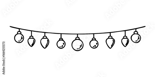 Black and white hanging Christmas baubles in line art