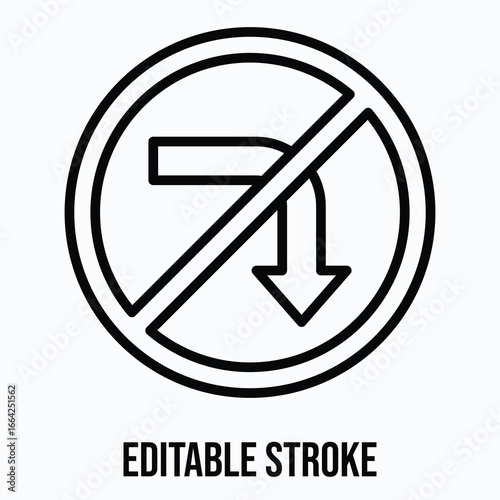 Traffic Signs, No Right Turn Sign Vector Icon, Isolated Vector Lineal Style Icon, Editable Stroke.	
