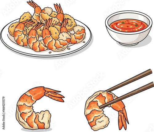 Illustration of fried shrimp on a plate with dipping sauce, and a single shrimp being held by chopsticks.