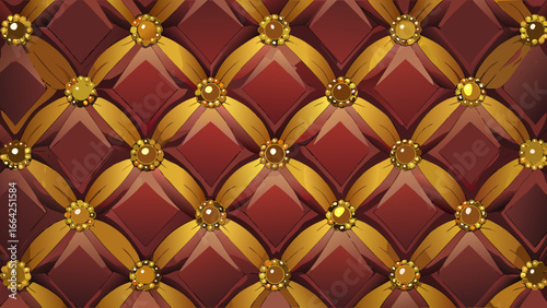 Vector art of elegant red upholstery background with golden buttons and diamond pattern, creating a luxurious and decorative texture for furniture and interior design