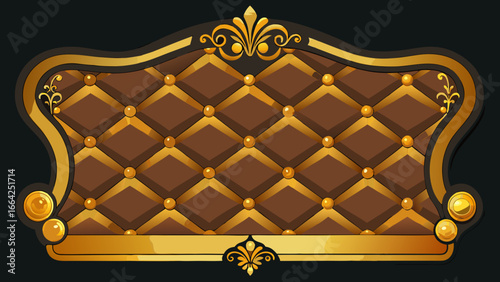 Vector art of elegant brown and gold headboard with tufted leather upholstery, a luxurious and classic design element isolated on a dark background