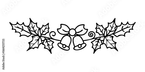 Monochrome holly leaves with bells in festive border