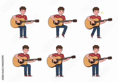 Young man playing acoustic guitar, multiple poses