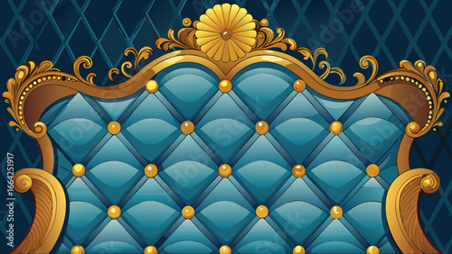 Vector art of elegant blue quilted headboard with golden frame, perfect for adding a touch of luxury and sophistication to any bedroom or interior design project