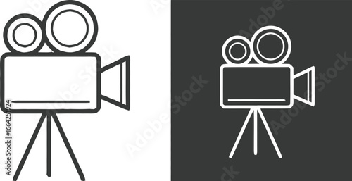 Vintage film camera icon and silhouette on a tripod for cinema and video production