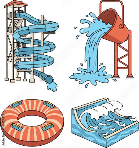 Water park attractions including a spiral water slide, a water bucket, a life preserver, and a wave pool.