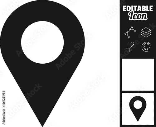 Simple black location pin icon with editable text and smaller icon examples