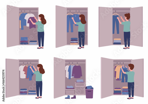 Woman organizing closet with clothes and shoes