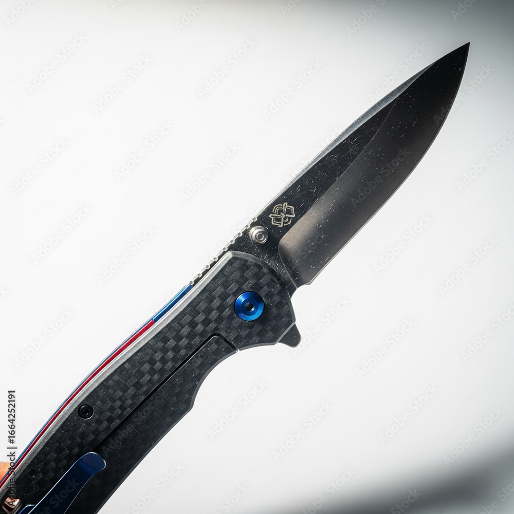 Obraz premium Folding Pocket Knife Macro: Dark Commercial Photo, White Background