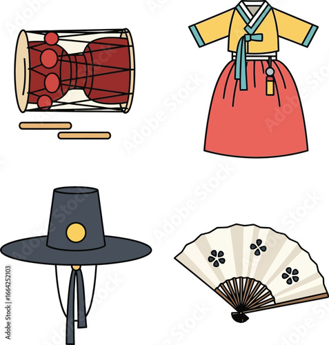 Korean cultural artifacts, including traditional clothing, drum, hat, and fan.