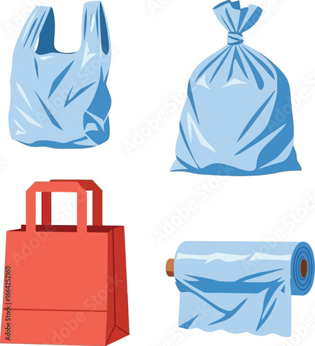 Assorted plastic bags and packaging, including shopping bags, trash bags, and plastic wrap.