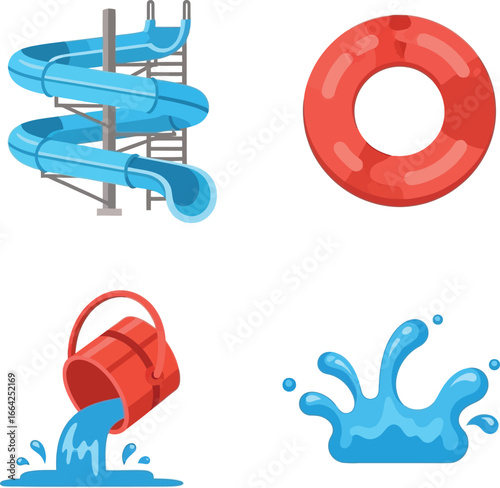 Water park icons, showing a slide, life preserver, bucket, and splash.
