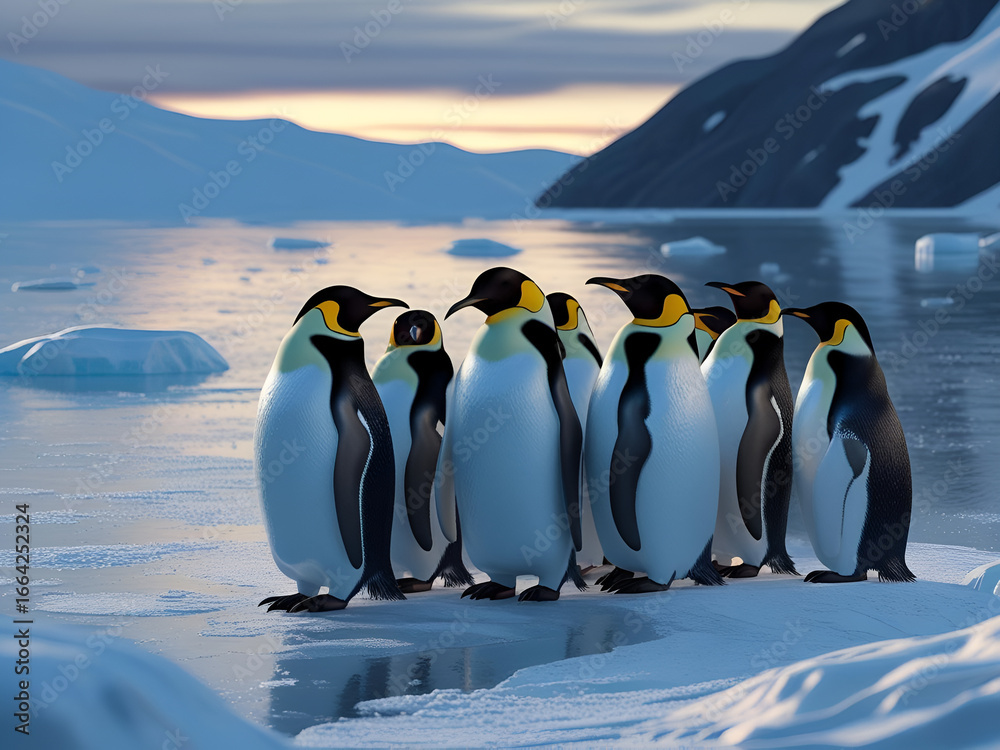 Fototapeta premium A flock of black and white emperor penguins with yellow markings gathers on the Antarctic ice.