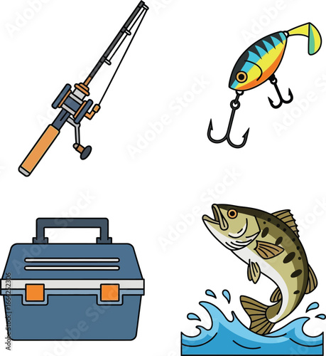 Fishing equipment and a leaping fish illustrate the exciting sport of angling.