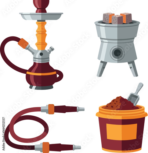 Illustration depicts a hookah, charcoal burner, tobacco, and hose, all isolated.