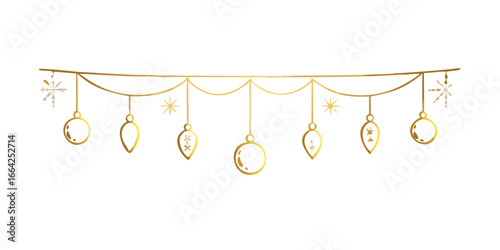 Gold Christmas ornaments hanging on festive string