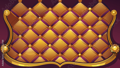 Vector art of elegant golden quilted headboard with purple accents and ornate golden frame, perfect for creating a luxurious and royal bedroom interior
