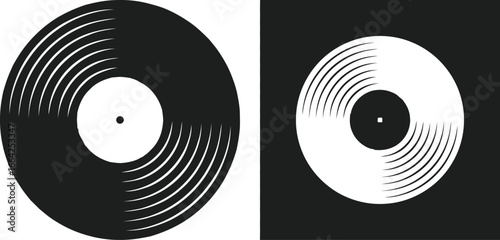 Retro vinyl record with grooves shown in black and white against a dark background