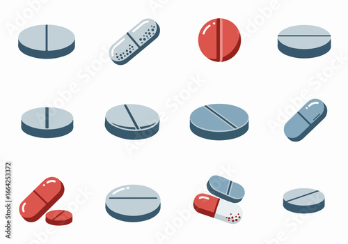 Pharmaceutical pills and capsules collection with transparent background
