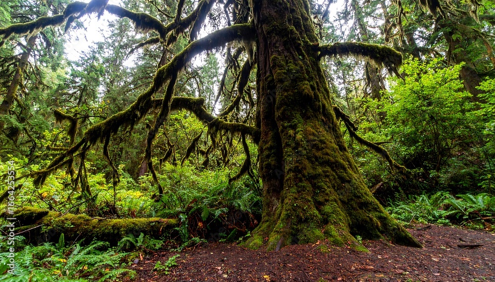 Obraz premium Lush, moss-covered ancient tree trunk stands tall in a dense, verdant forest.