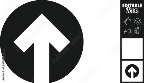 Black and white graphic of a large upward pointing arrow inside a black circle next to a sign
