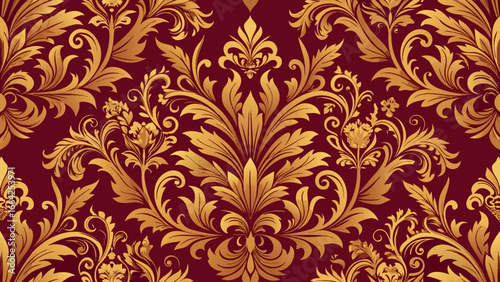 Vector art of luxurious golden damask pattern on a rich red background, ideal for creating elegant and sophisticated designs with a vintage flair