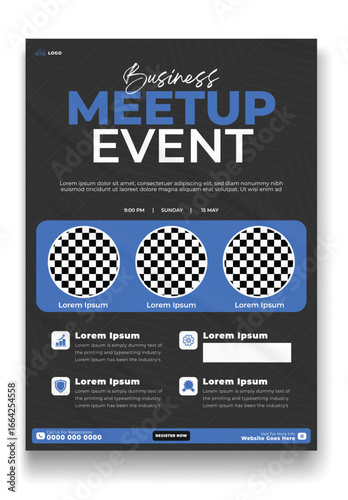 Modern Business Meetup Event Flyer Template with Professional Team Portraits and Iconography