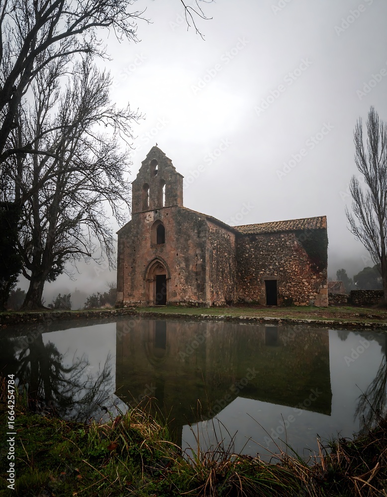 Fototapeta premium Misty ruin of a church reflected in a pond