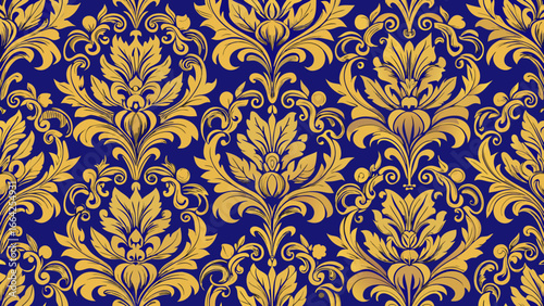 Vector art of seamless damask pattern in gold and navy blue, ideal for luxury backgrounds, elegant wallpapers, and vintageinspired decorative projects with a royal touch