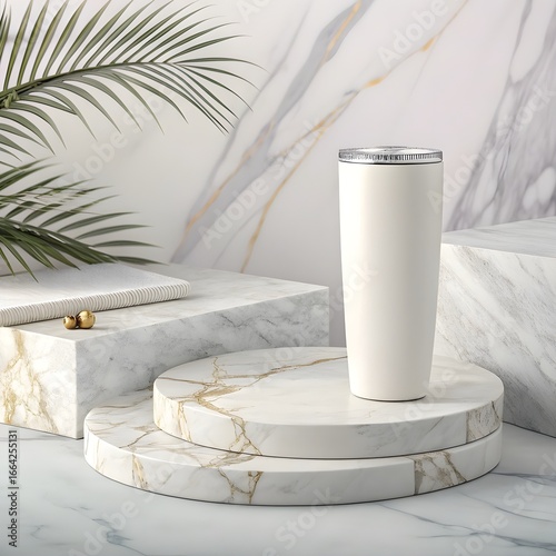 White Tumbler Mockup with Natural Plants and Wood