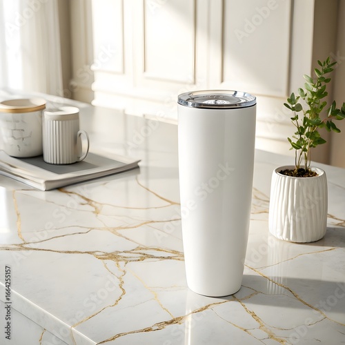 White Tumbler Mockup with Natural Plants and Wood