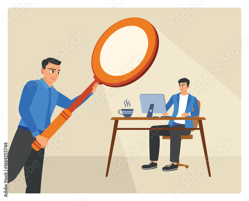 Micromanaging boss concept, toxic manager monitoring every details.
