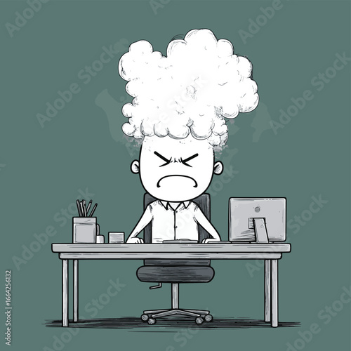 Cartoon stick man drawing conceptual illustration of businessman or manager standing angry behind his desk and steam or smoke coming from his head or ears