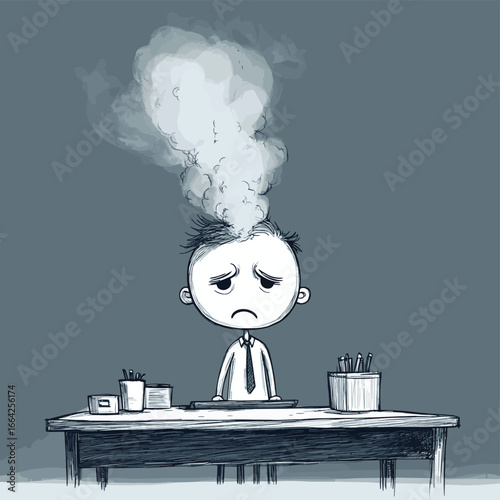 Cartoon stick man drawing conceptual illustration of businessman or manager standing angry behind his desk and steam or smoke coming from his head or ears