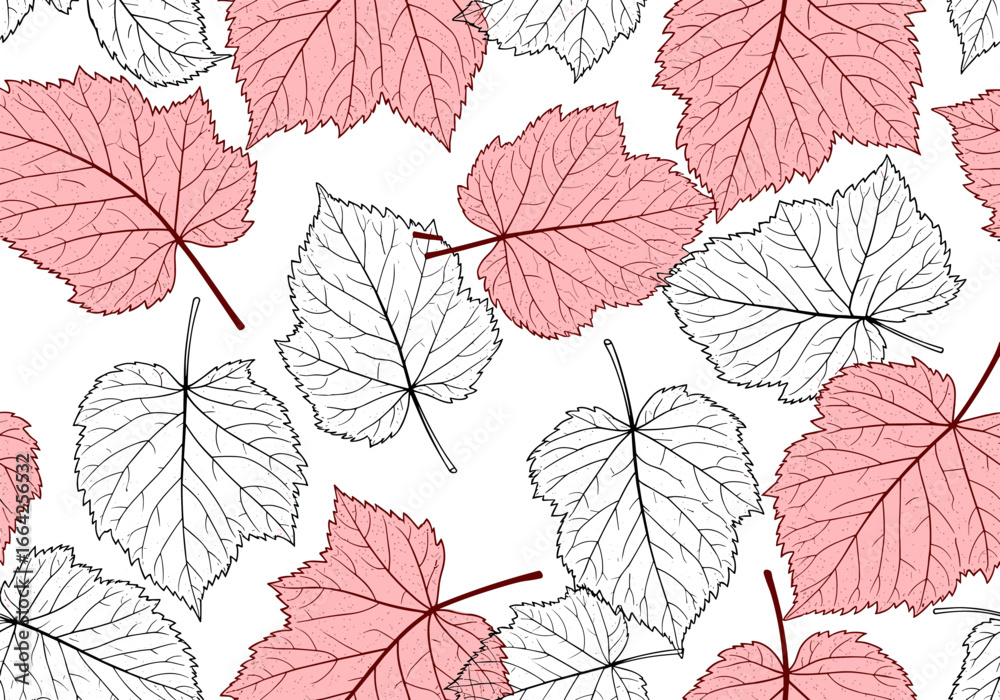 Obraz premium Repeating pattern of delicate hand drawn autumn leaves with subtle pink accents for textile and wallpaper designs