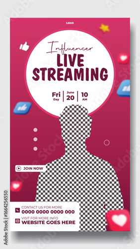 Live Streaming Announcement with Man Speaking into Microphone on Pink Background