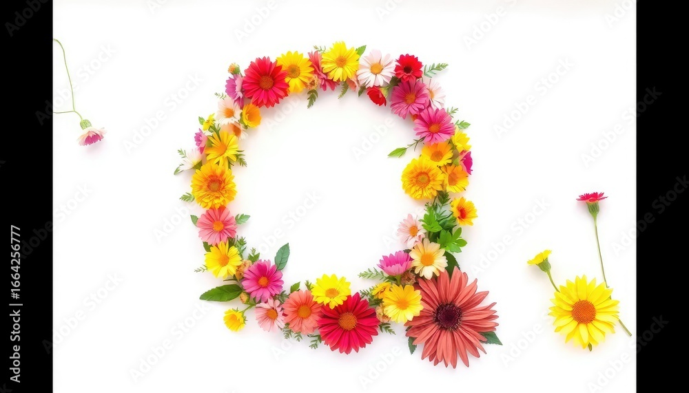 Surrounded by colorful flowers, on a bright white background