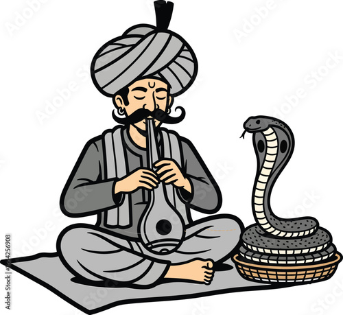 Indian Snake Charmer with Cobra Cartoon Vector Illustration