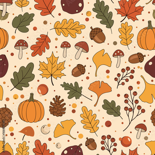 Seamless Pattern, Seamless autumn pattern with pumpkins, leaves, acorns, and mushrooms for seasonal designs Stock royalty free  image.