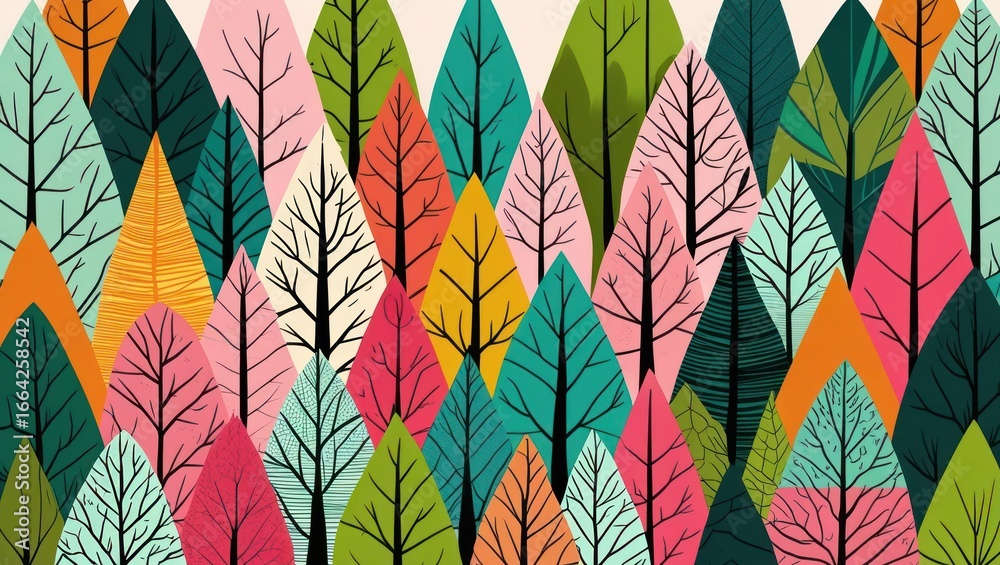 custom made wallpaper toronto digitalA vibrant landscape design features stylized trees in a multitude of colors, creating a cheerful and abstract forest scene.