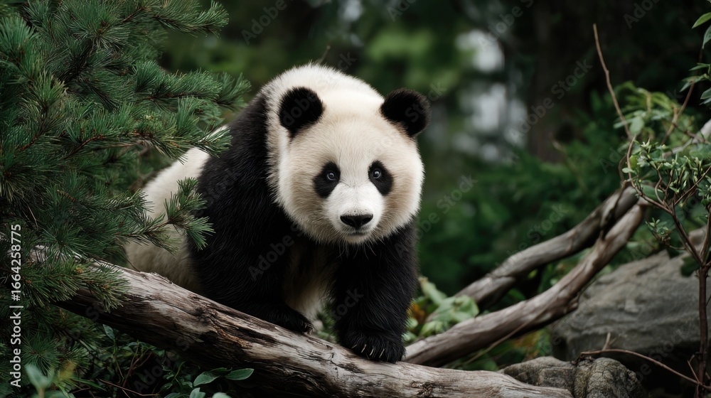 Fototapeta premium Adorable Giant Panda Walking on Log Surrounded by Greenery