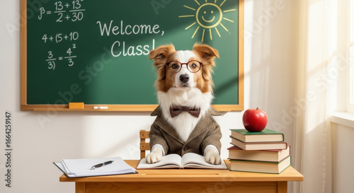 A Border Collie dog in a classroom, wearing glasses and bow tie, sits at the teacher's desk with books and an apple. A mock concept back to school