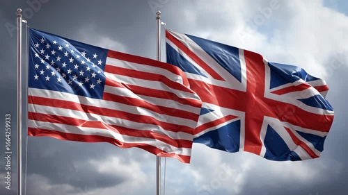 Flags of the united states and united kingdom flying together in a dramatic sky symbolizing unity and cooperation